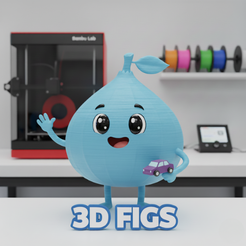3D Figs Mascot - Blue Fig with 3D Printer and Custom 3D Figurines Text